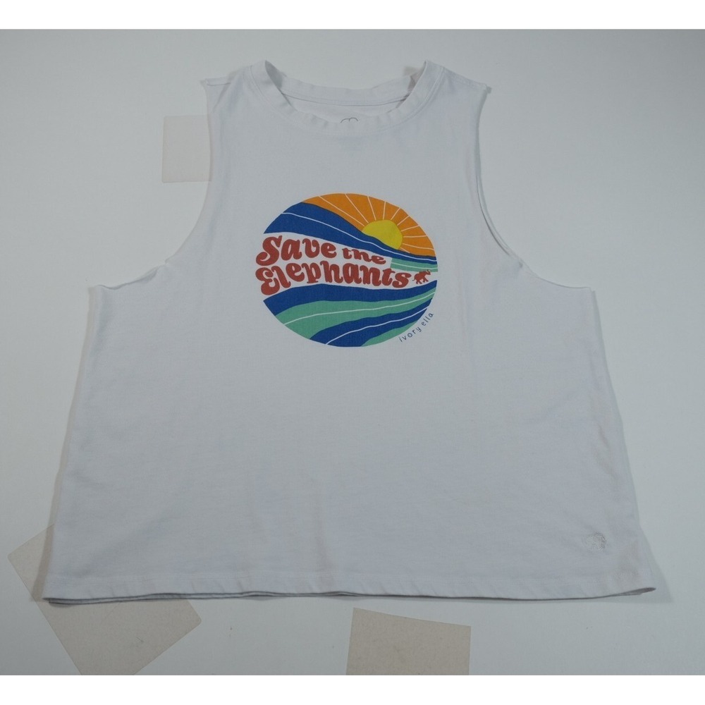 Ivory Ella Tank Top Womens S White Save The Elephants Graphic Muscle Tee Cotton